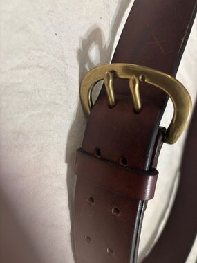 GAP Brown Leather Belt with Brass-Tone Double Prong Buckle #VTG